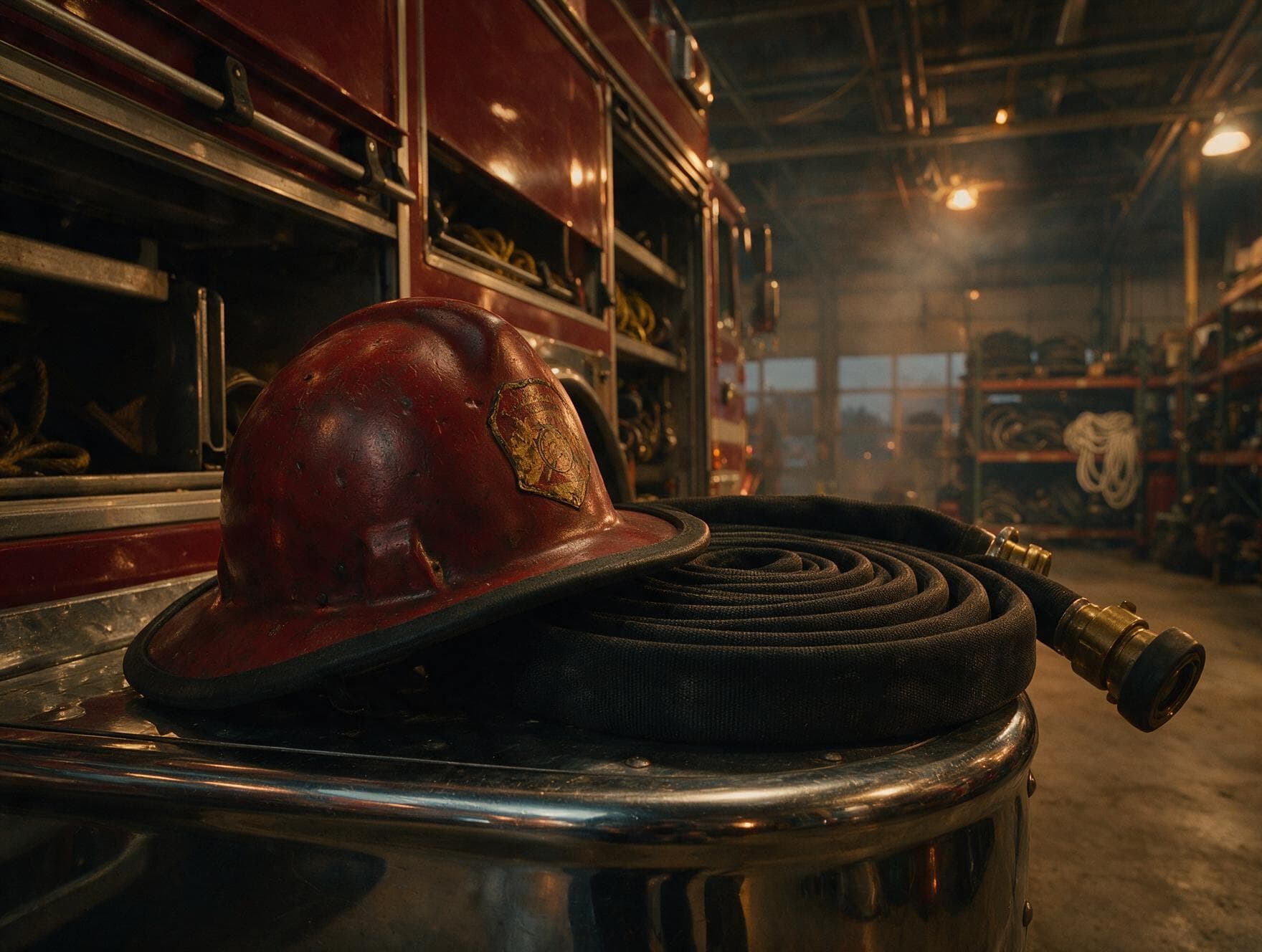A firefighter helmet resting beside a coiled hose on a fire engine